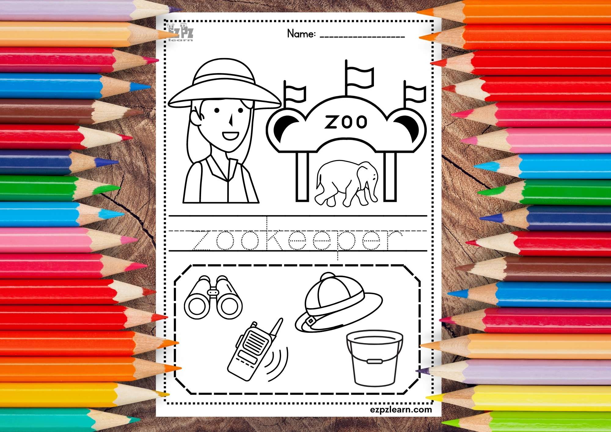 Zookeeper Coloring and Trace the Word Page Jobs Topic for Kids